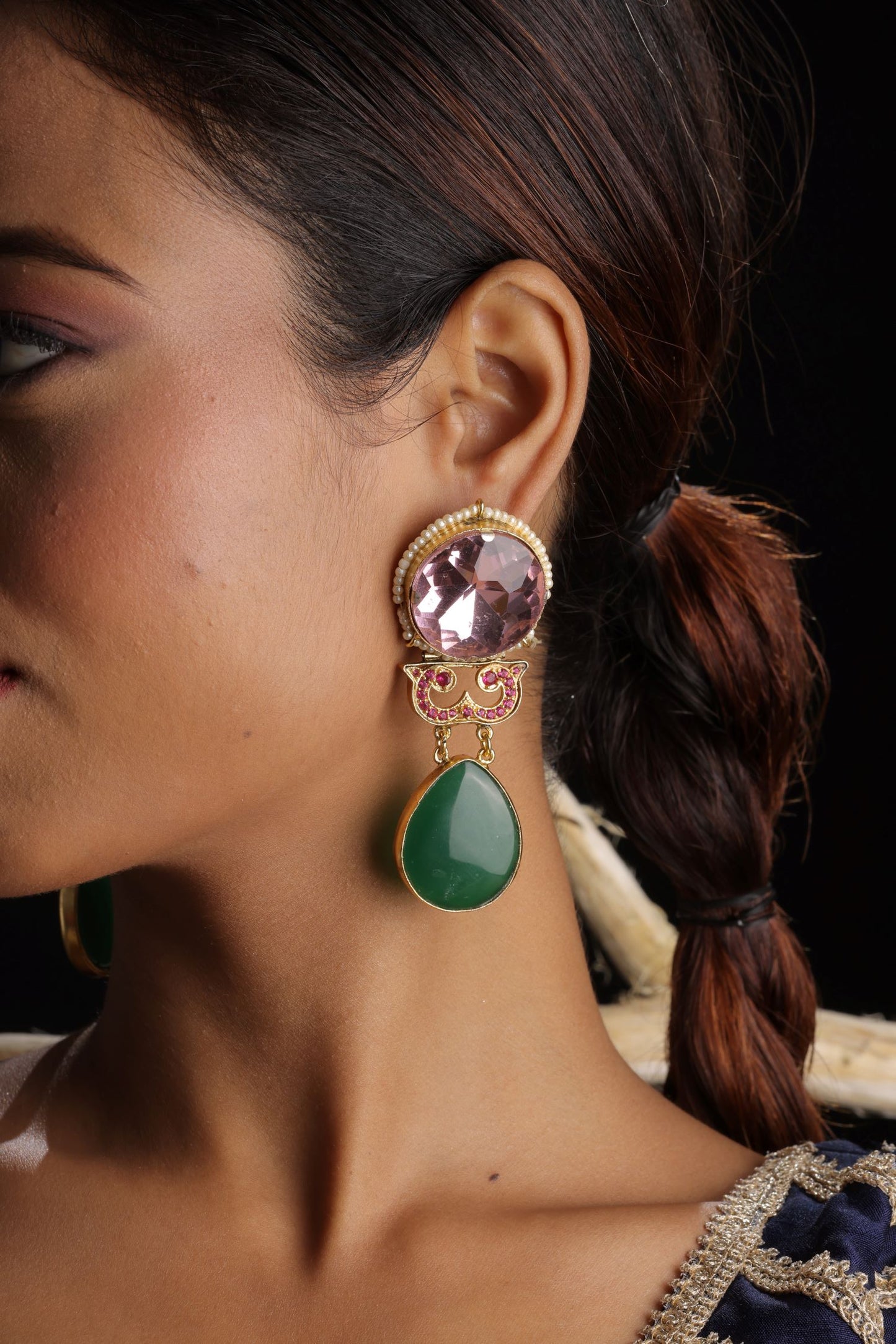 Emerald & Pink Stone Earring