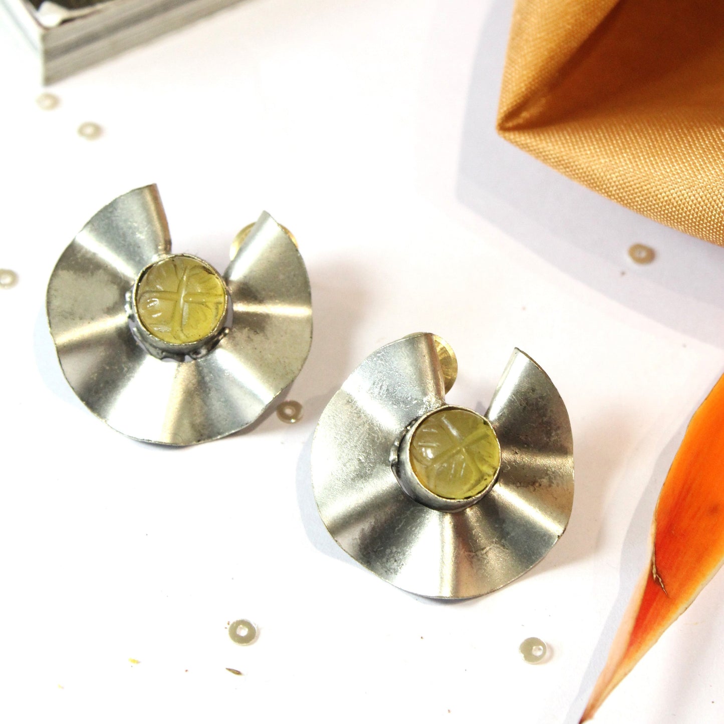 Silver Stud Earring With Yellow Stone