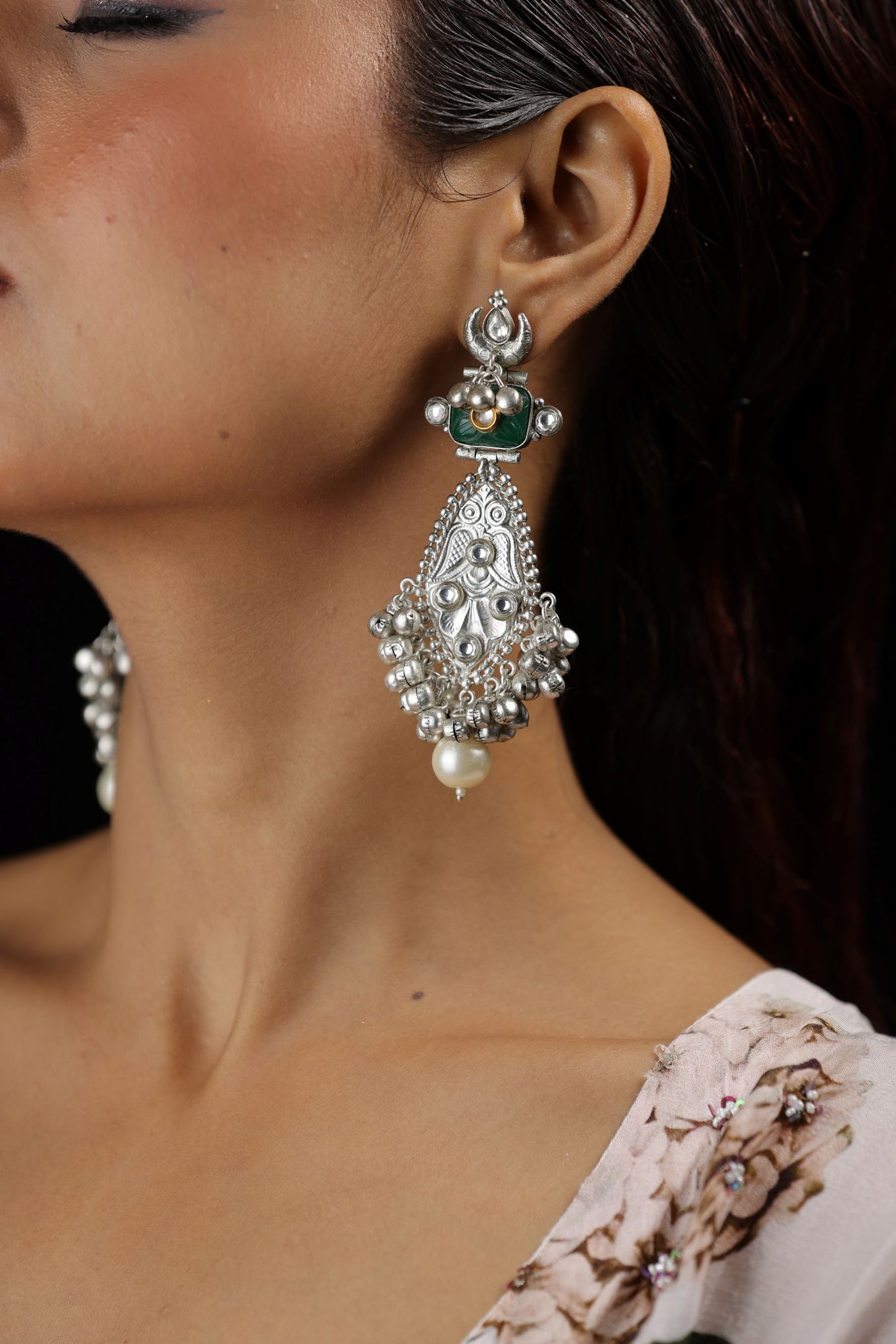 Contemporary Oxidised Drop Earrings With Greenstone
