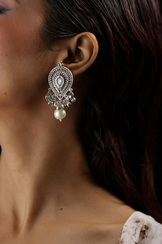 Silver Plated Oval Oxidized Drop Earrings