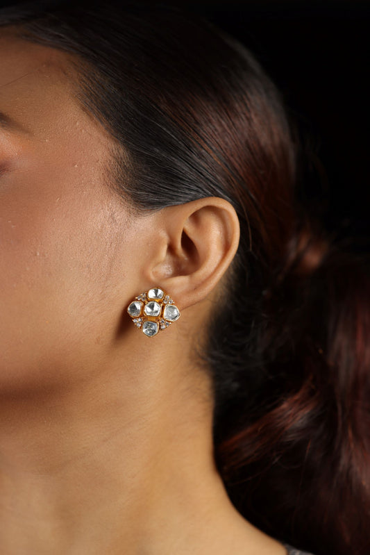 Golden kundan work stud  with white stone earring