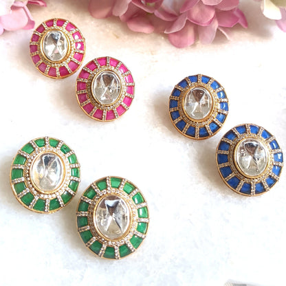 Floral design polki stud green earring
