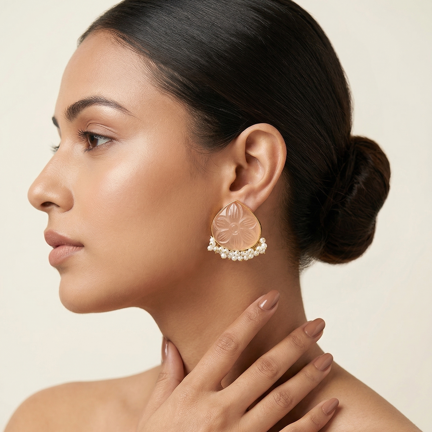Hand Carved Gemstone Stud Earring With Pearl