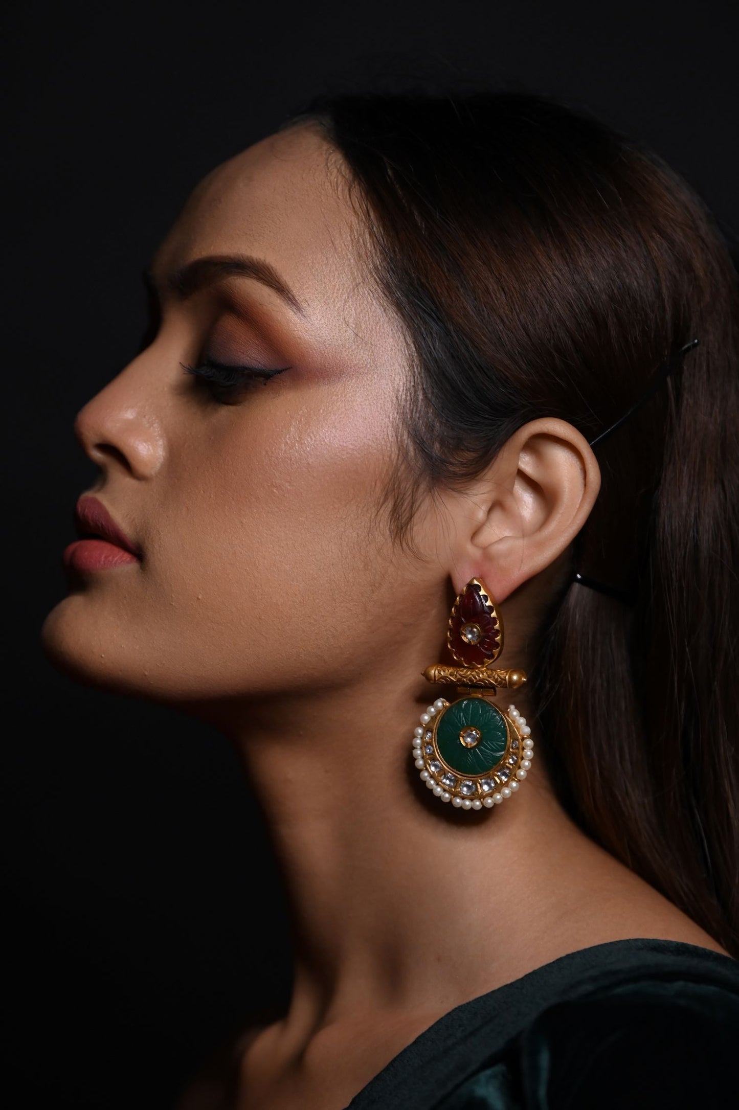 Gold Finish Kundan Polki & Semi Precious Stone Dangler Earring