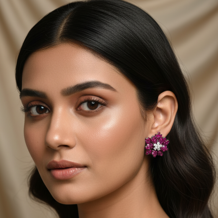 Floral Patterned Pink White Studs