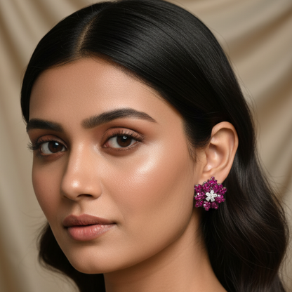 Floral Patterned Pink White Studs