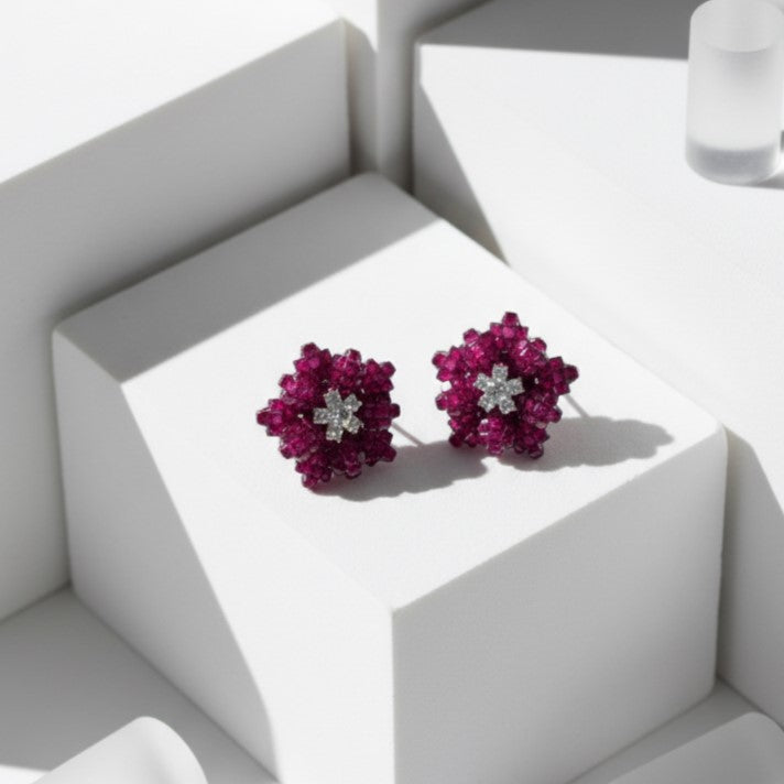 Floral Patterned Pink White Studs