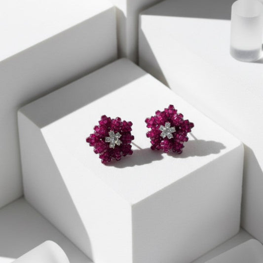 Floral Patterned Pink White Studs