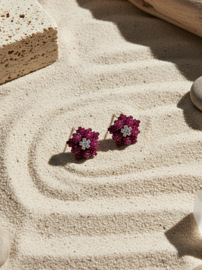 Floral Patterned Pink White Studs