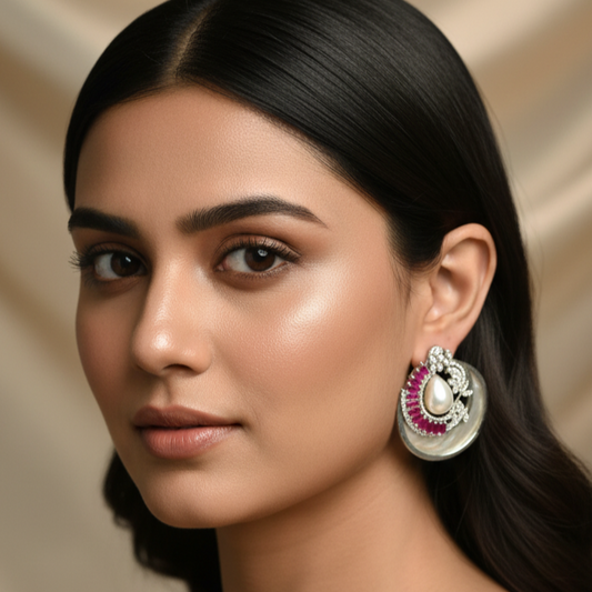 Pearl & Pink Stone Crescent Moon Drop Earrings