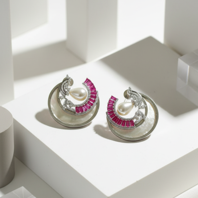 Pearl & Pink Stone Crescent Moon Drop Earrings