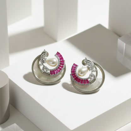 Pearl & Pink Stone Crescent Moon Drop Earrings