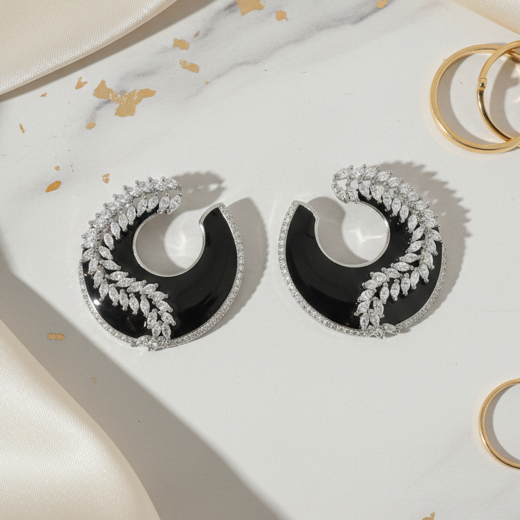 Black Enamel & Marquise Diamond Hoop Earring