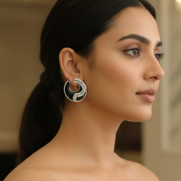 Black Enamel & Marquise Diamond Hoop Earring