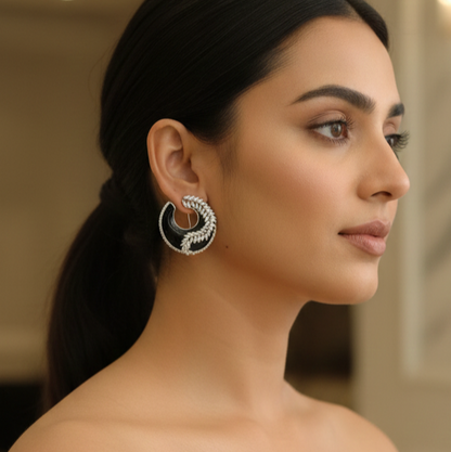 Black Enamel & Marquise Diamond Hoop Earring