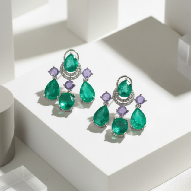 Emerald Teardrop Cluster Earring with Crystal Accents