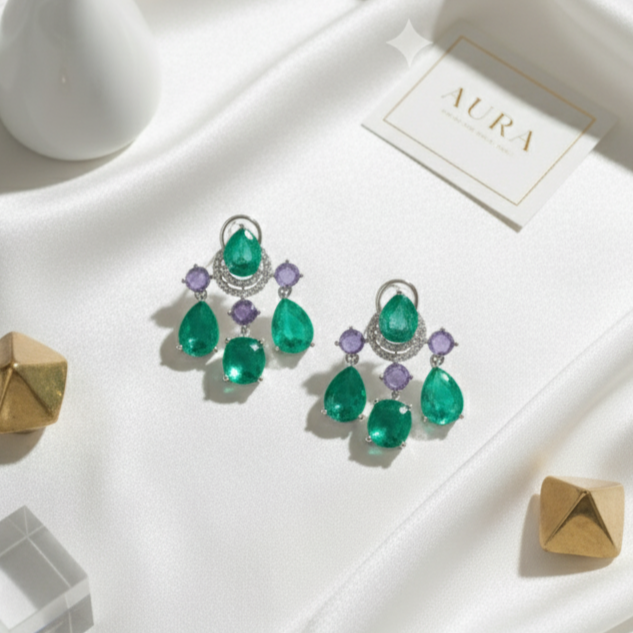 Emerald Teardrop Cluster Earring with Crystal Accents