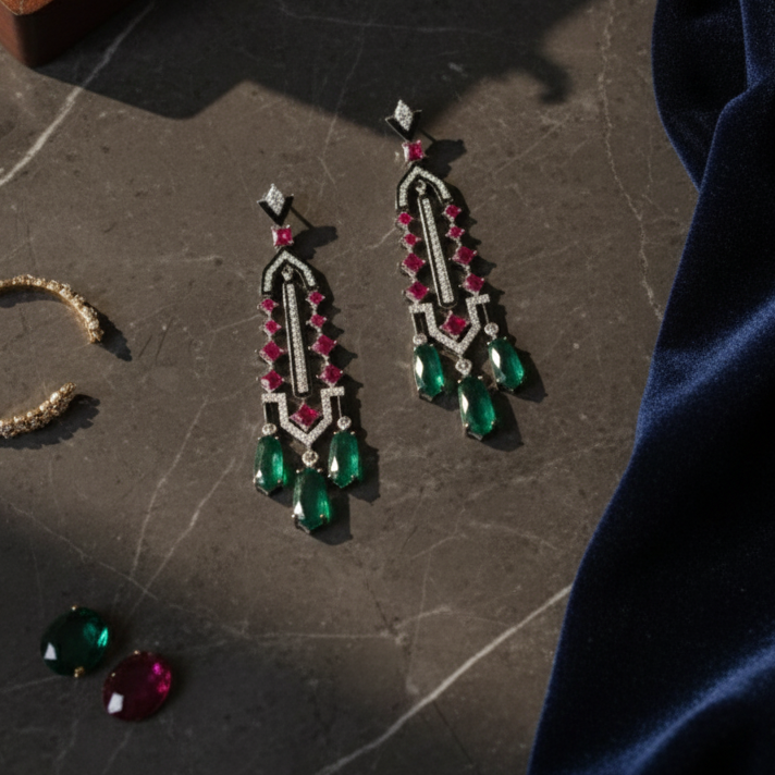 Emerald and Ruby Drop Earring