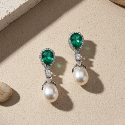Classic Green Gemstone & Pearl Dangler Earring
