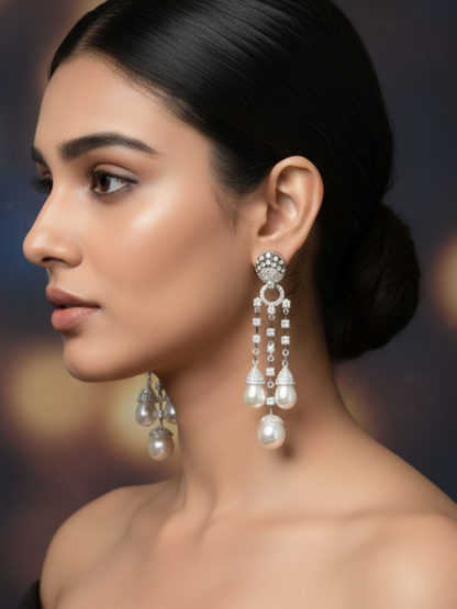 Long Opera-Length Dangling Pearl and Diamond Earring