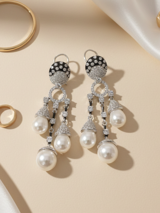 Long Opera-Length Dangling Pearl and Diamond Earring