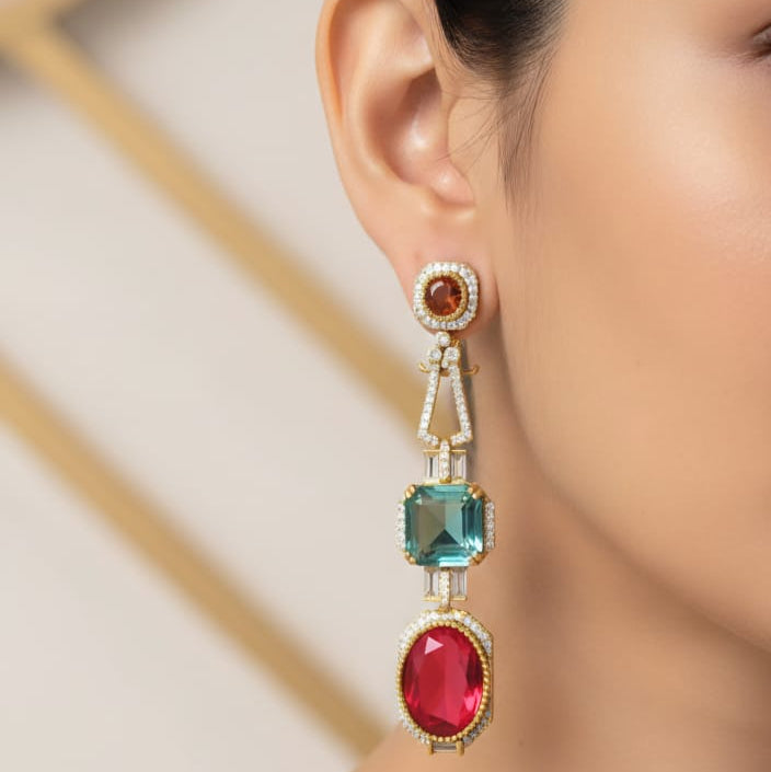 Ruby Emerald Gold Drop Earrings