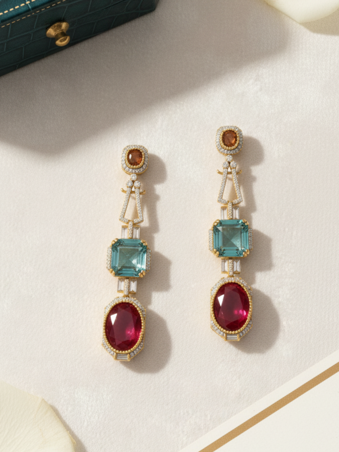 Ruby Emerald Gold Drop Earrings