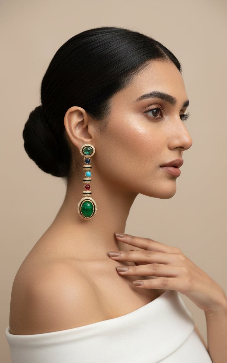 Long Green Stone Statement Drop Earrings for Women