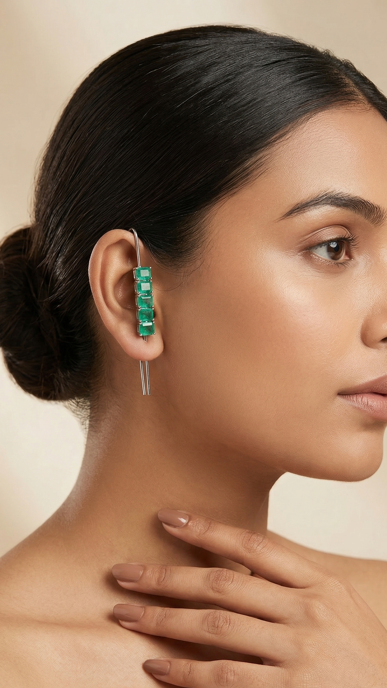 Modern Green Stone Ear Cuff Earrings for Women ? Minimal Long Statement Style