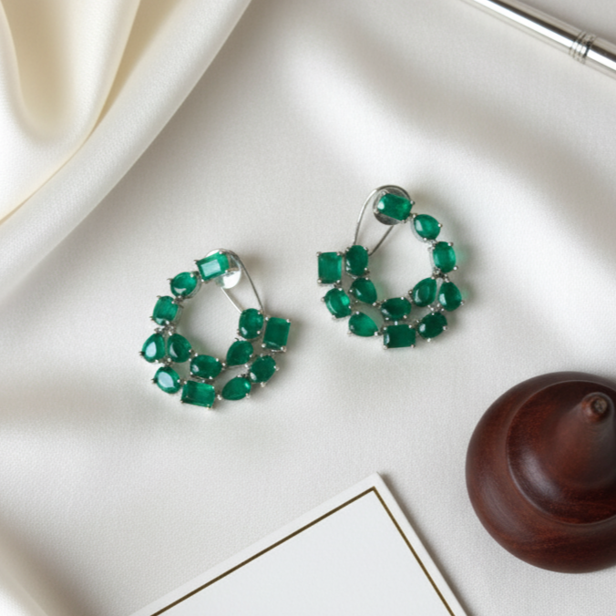 Green Crystal Silver Earrings Design