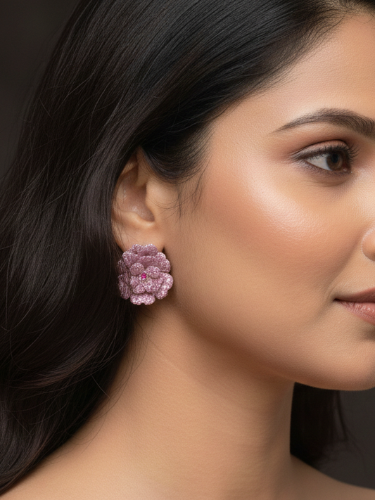 Elegant Green Floral Gtud Earrings With Sparkling Stones