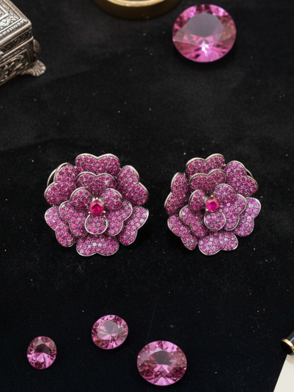 Elegant Green Floral Gtud Earrings With Sparkling Stones