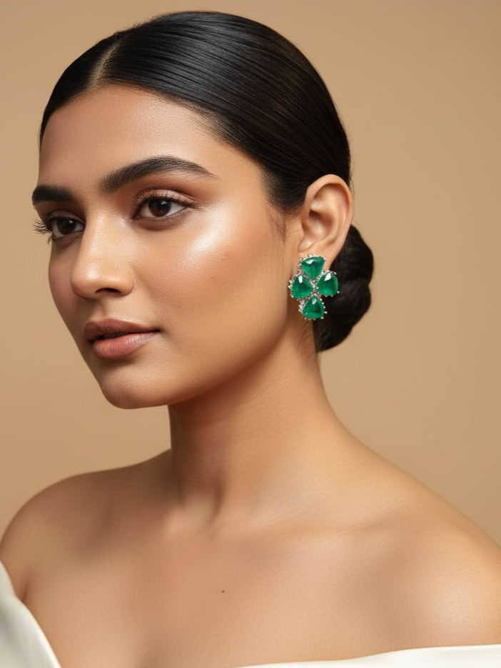 Emerald Green Crystal Clover Stud Earring