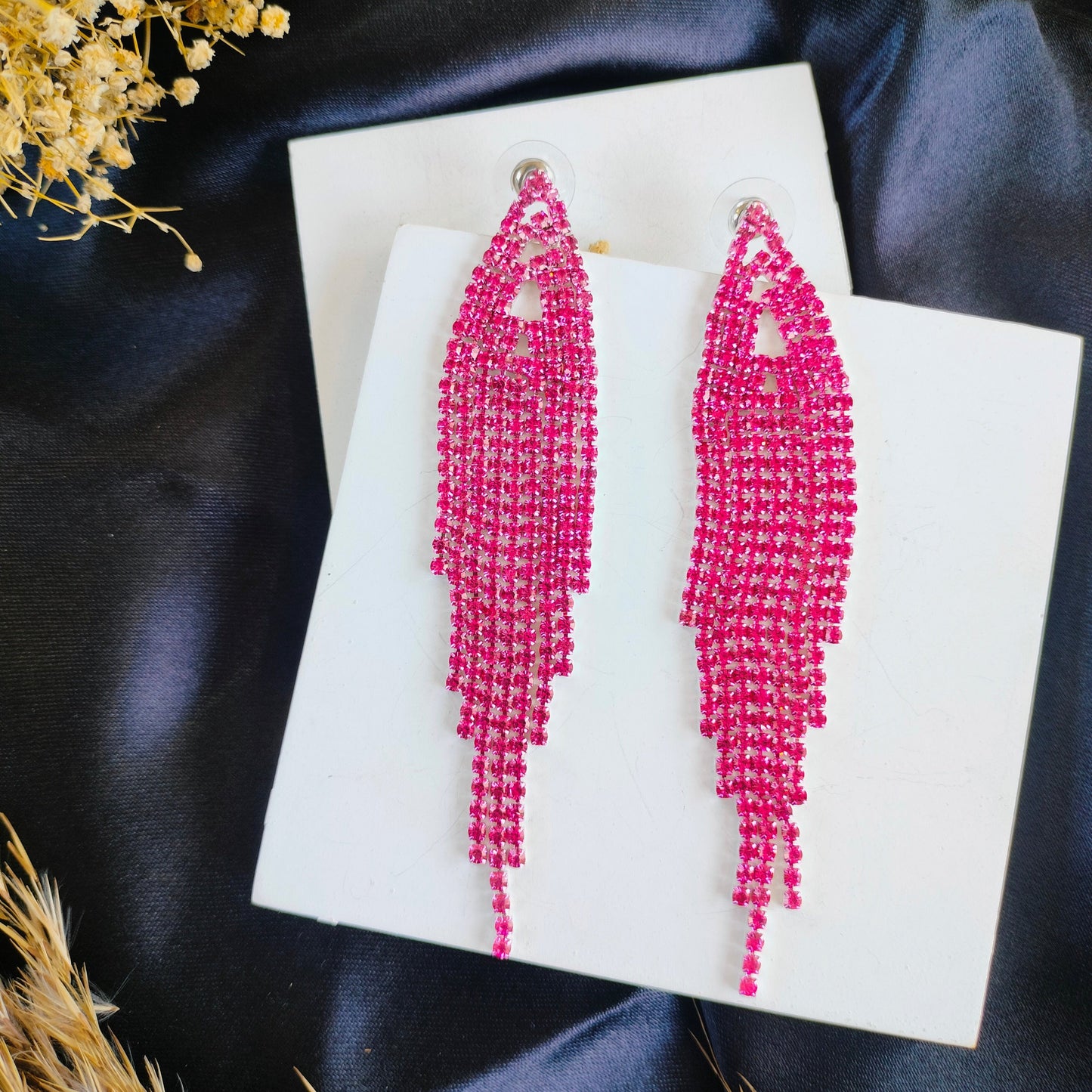 Pink Rhinestone Long Tassel Earring