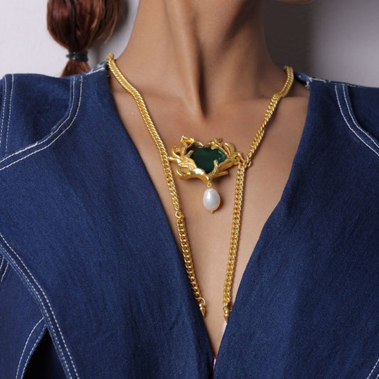 Green Dimond With Golden Dangle Drop Neckpieces