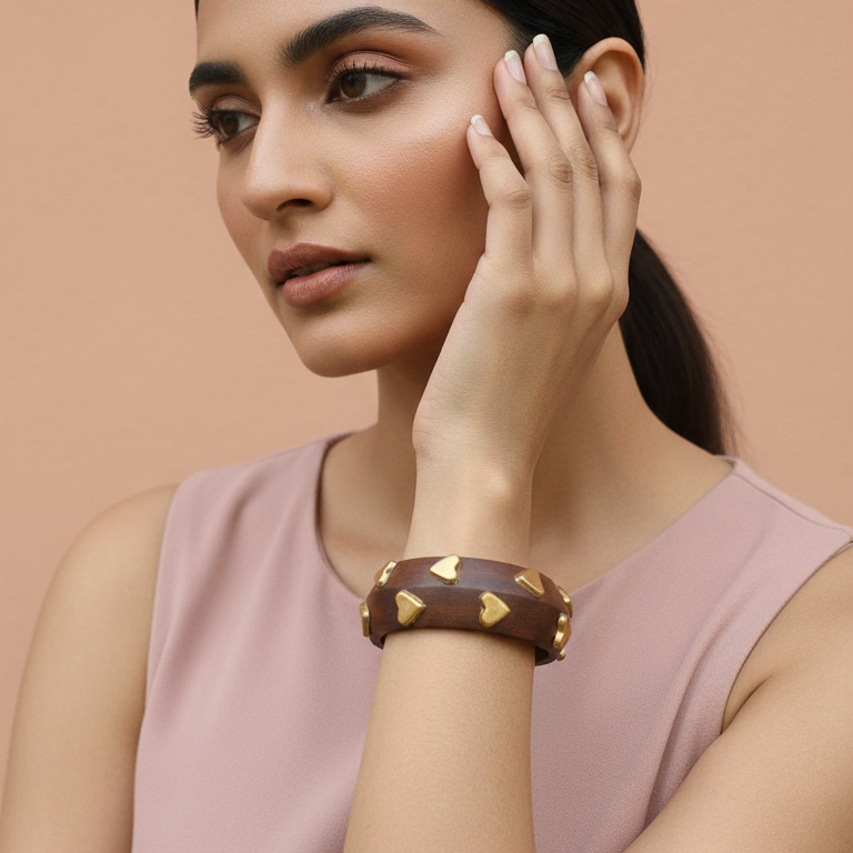Wooden Chunky Bracelet With golden heart emblished