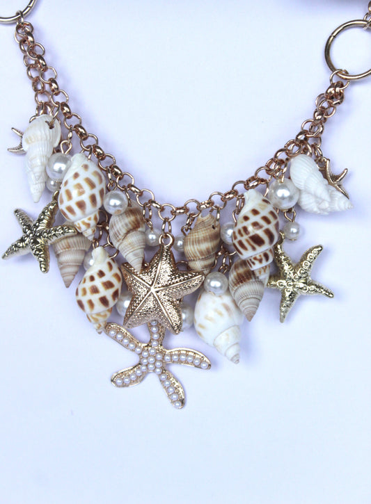 Holiday Shell Starfish Pearl  Statement Necklace