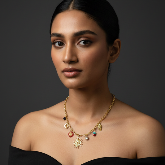 Gold Charm Necklace for Women with Sun Pendant