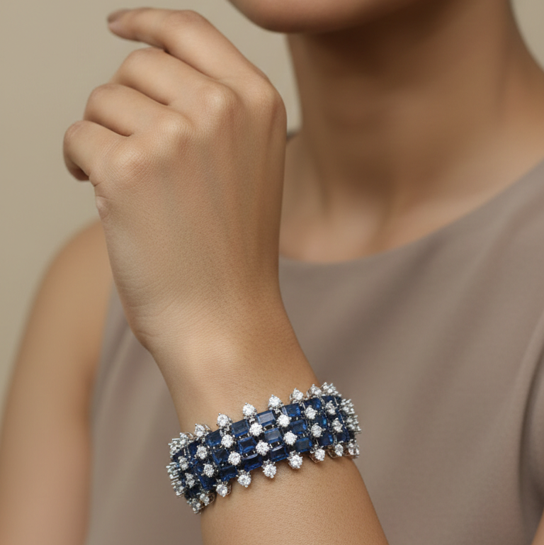 Luxury Blue Sapphire & Diamond Statement Bracelet for Women