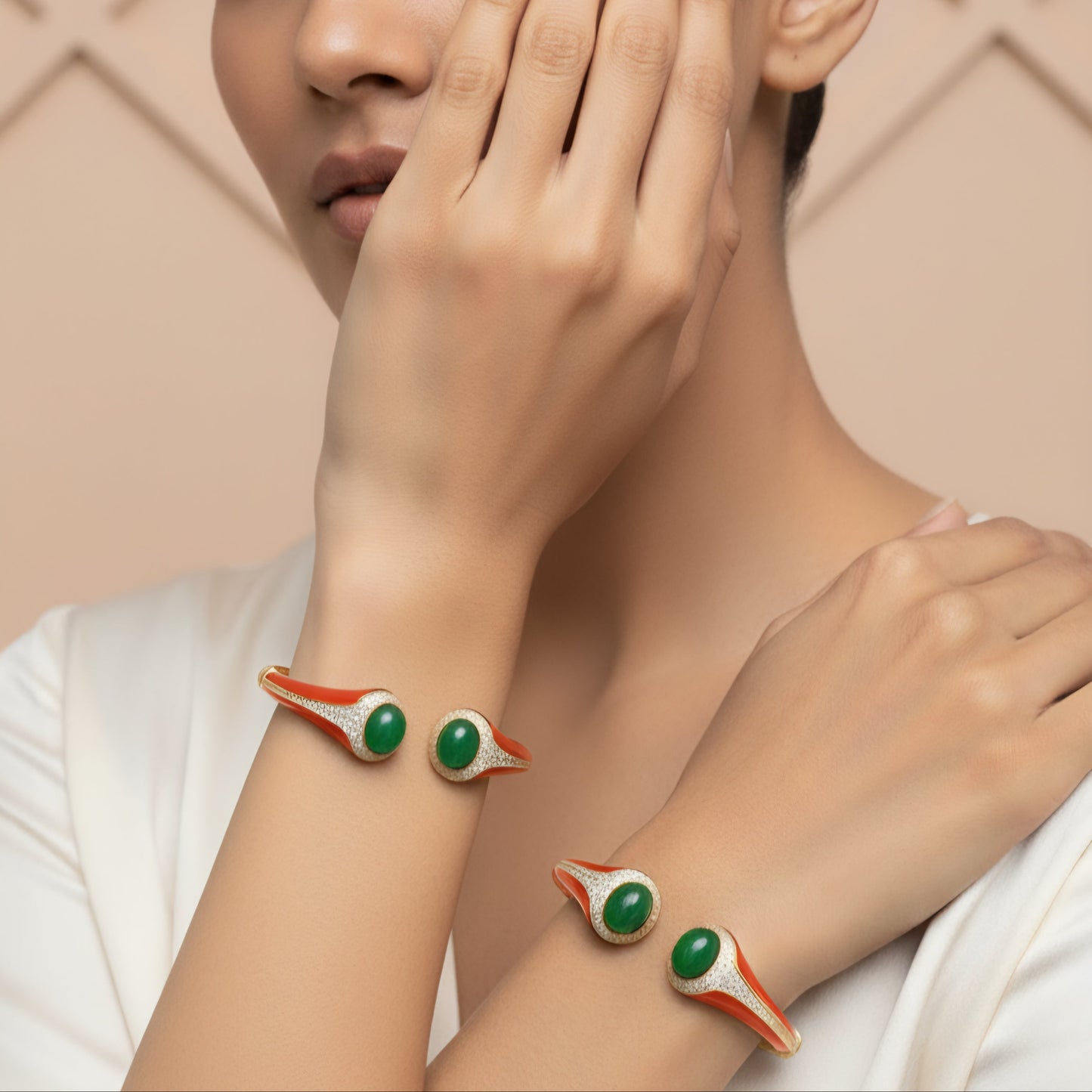 Elegant Green Stone Gold Platedorange colour  Open Cuff Bracelet for Women
