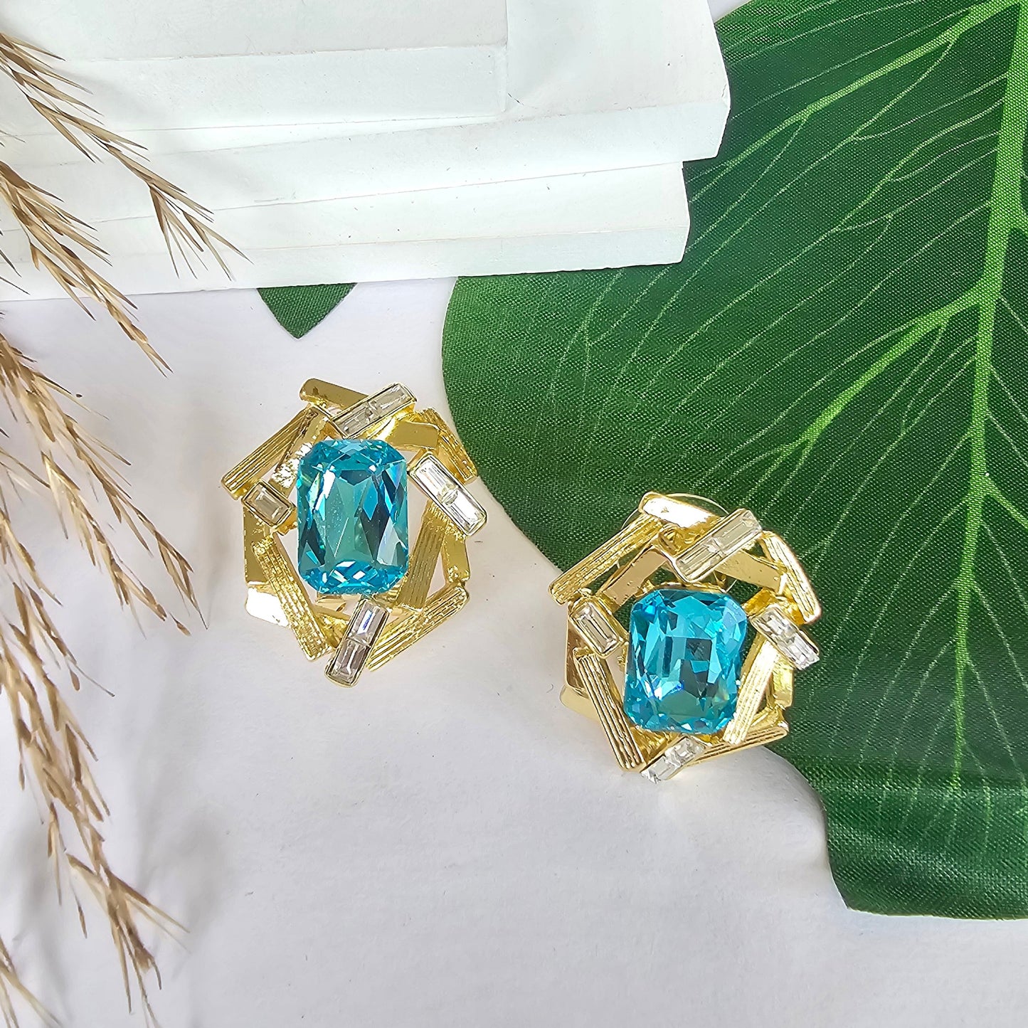 Golden With Blue Stone Stud Earring