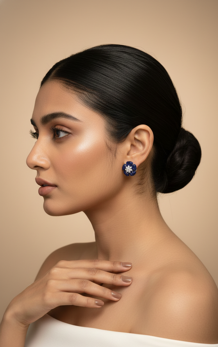 Blue Crystal Flower Stud Earrings for Women