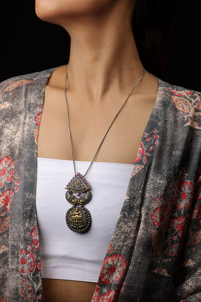 Silver Oxidised Pendant With Tassels