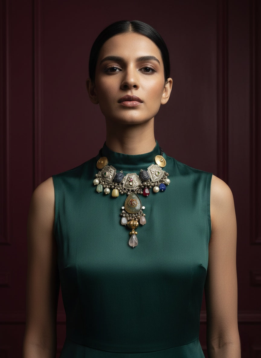 Statement Silver Choker Neckpiece With Ghungroo And Stone