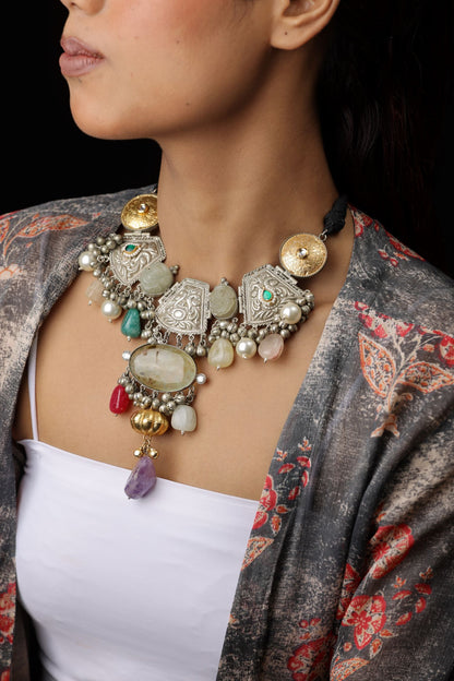 Statement Silver Choker Neckpiece With Ghungroo And Stone