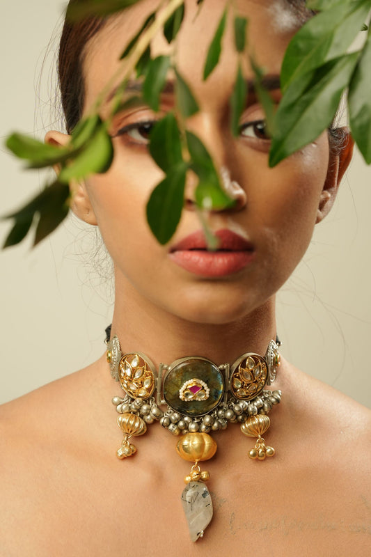 Flower Design Choker With Pink Stone
