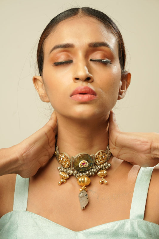 Flower Design Choker With Pink Stone