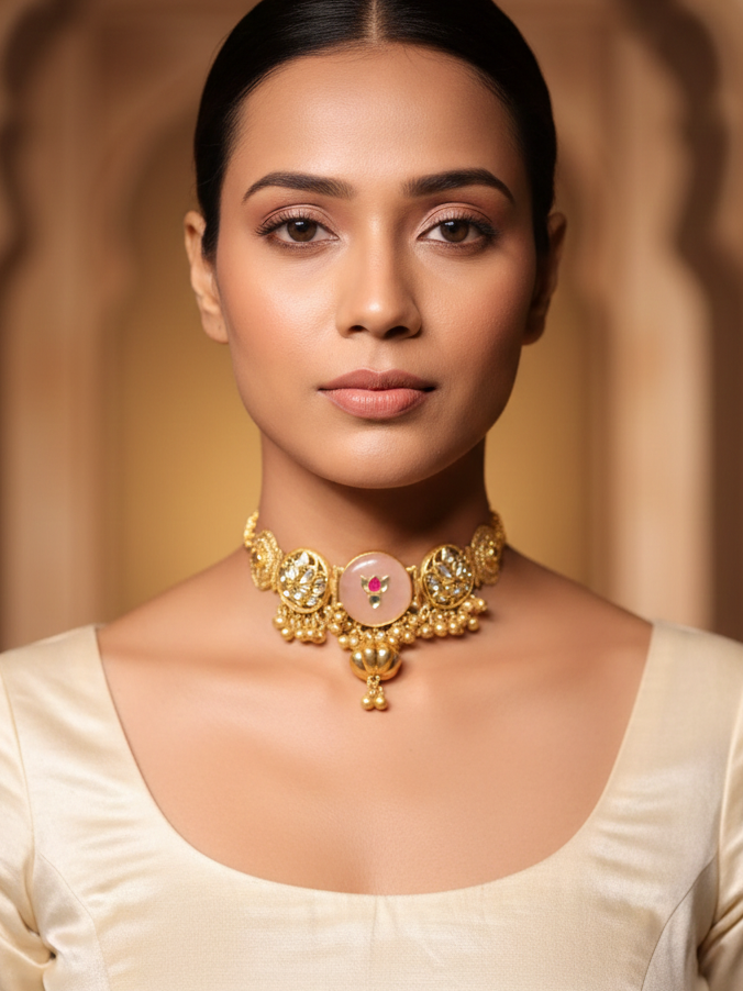 Flower Design Choker With Pink Stone