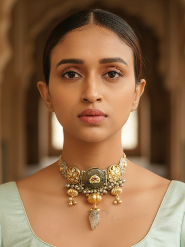 Flower Design Choker With Pink Stone