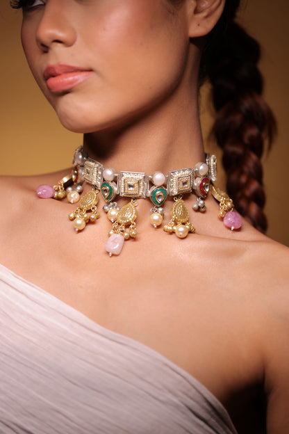 Silver Heavy Multicolor Stone Choker